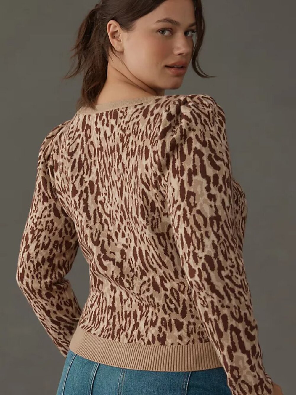 Anthro Maeve Puff Sleeve Pullover Animal Print Sweater - Picture 2 of 6